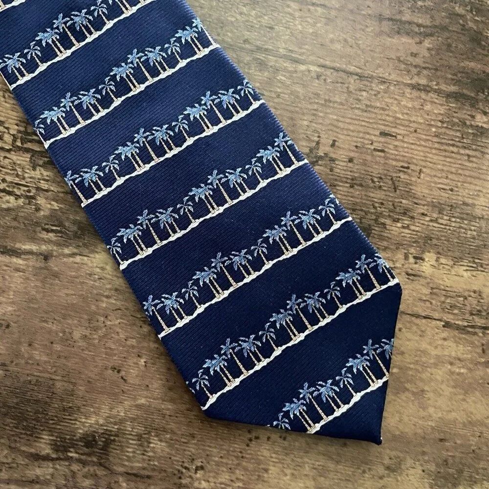 Tommy Bahama Mens Tie Navy Blue Palm Tree Beach Stripe Silk USA Made Necktie